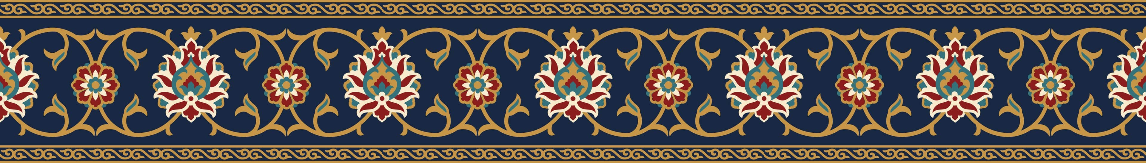 The Tabriz border, three repeats: red and cream blossoms between gold scrolls, framed by narrow gold rules top and bottom.